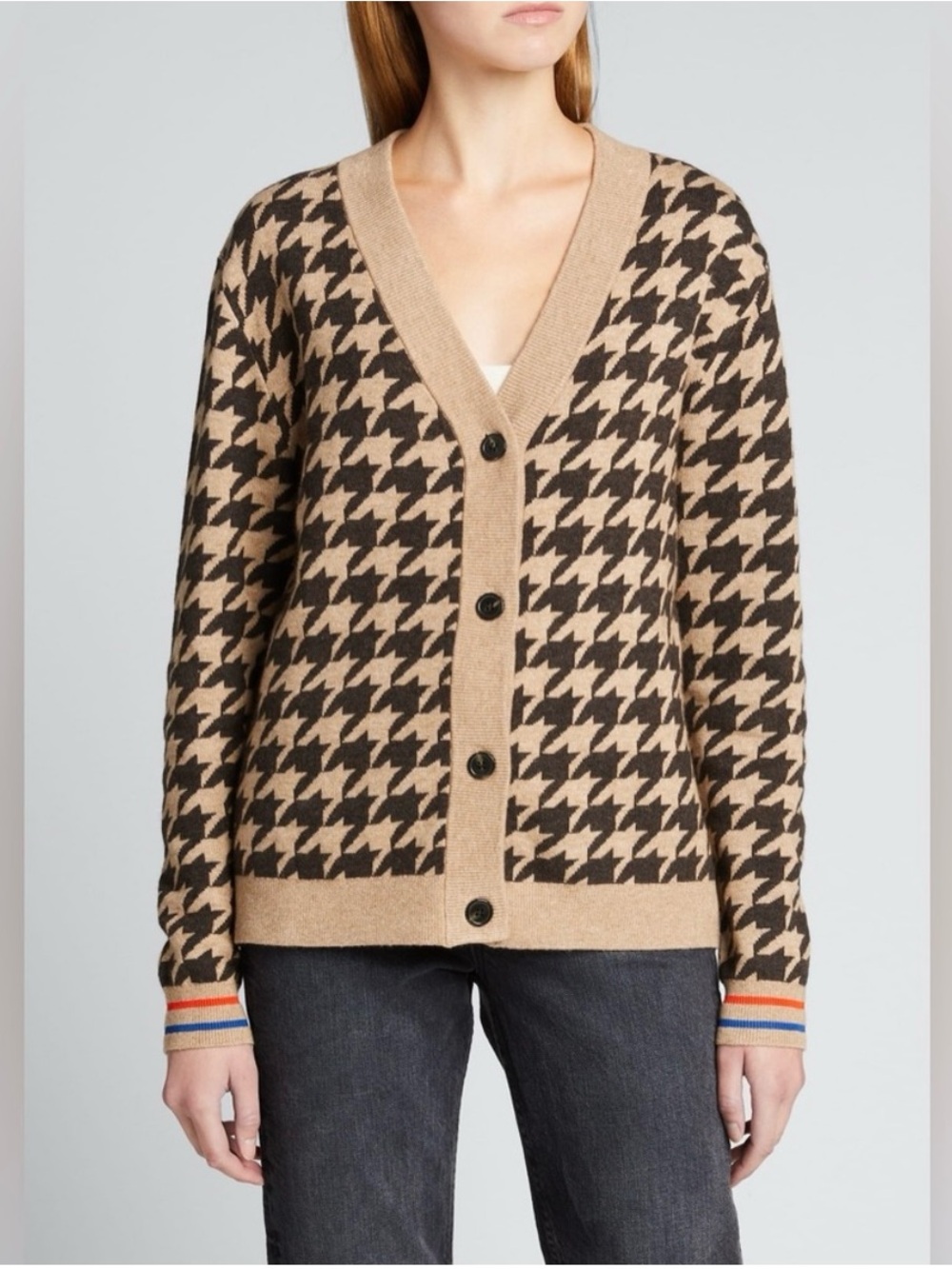 KULE The Liam Houndstooth V-Neck Button Cardigan in Beige and Black